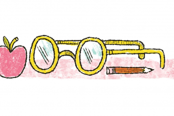 An apple, glasses and a pencil