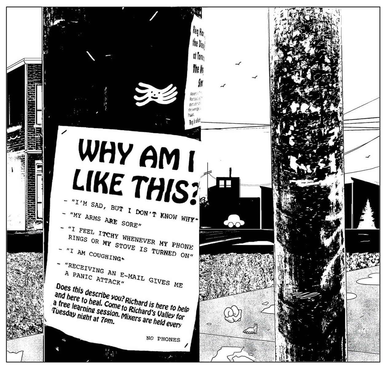 An illustration of a poster that reads "Why am I like this?" stapled to on a pole