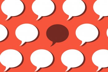 Graphic of White Speech Bubbles Against a Red Background, With One Speech Bubble Grayed Out