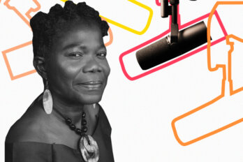 Black and white photo of Philomina Okeke-Ihejirika over a template of The Conversation Piece podcast featuring a mic and outlines of other mics.