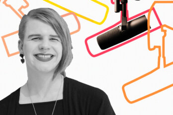 Black and white photo of Fae Johnstone over a template of The Conversation Piece podcast featuring a mic and outlines of other mics.