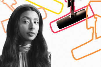 Black and white photo of Anubha Momin over a template of The Conversation Piece podcast featuring a mic and outlines of other mics.