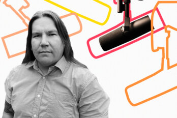 Black and white photo of Waub Rice over a template of The Conversation Piece podcast featuring a mic and outlines of other mics.