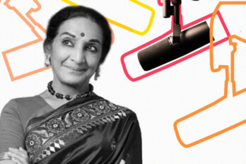 Black and white photo of Menaka Thakkar over a template of The Conversation Piece podcast featuring a mic and outlines of other mics.