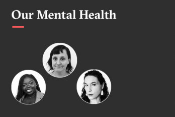 Article Club promotional image on a dark grey background with the words Our Mental Health in white and three black and white photos of the participants.