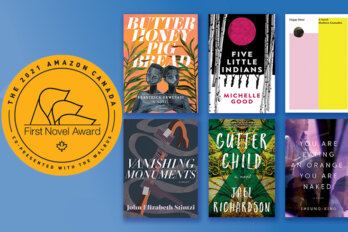 Image of the 2021 Amazon First Novel Award shortlist featuring the AFNA logo in gold and the book covers for the six shortlisted novels on a blue background.