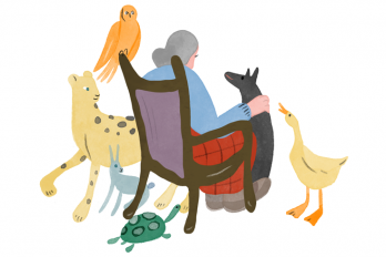 Illustration of an elderly woman sitting in a chair with her back to the viewer. She is surrounded by animals––an owl, a leopard, a turtle, a goose, and a dog, which she pets while it sits at her feet.