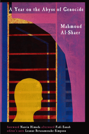 The cover for A Year on the Abyss of Genocide which features an abstract drawing, featuring the yellow silhouette of a head in front of a black and purple background