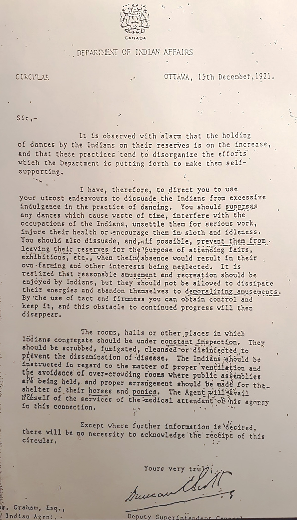 A letter from Duncan Campbel Scott to Indian Affairs staff