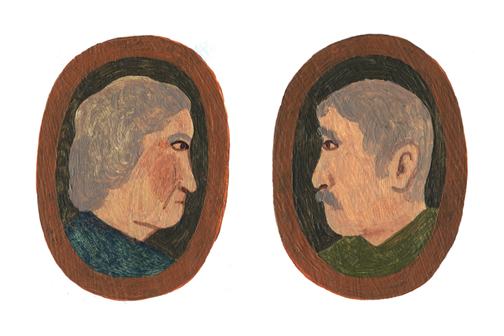 Two portraits facing one another in separate oval frames