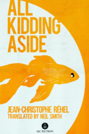 The cover for All Kidding Aside in simple orange and off white, showing an illustration of a goldfish in a bowl