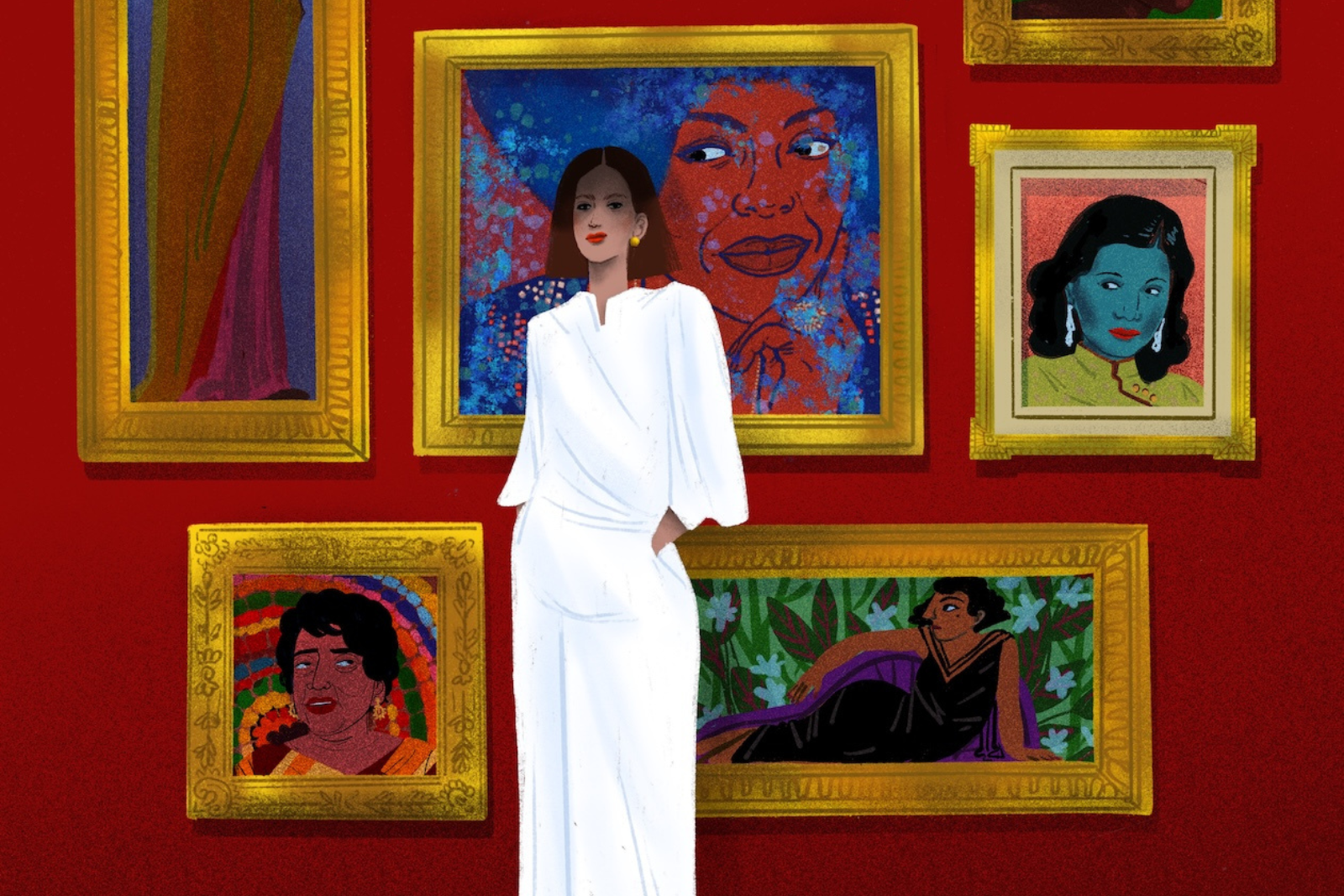 Illustration of a woman with brown hair dressed in white standing in front of a red gallery wall of gold-framed paintings.