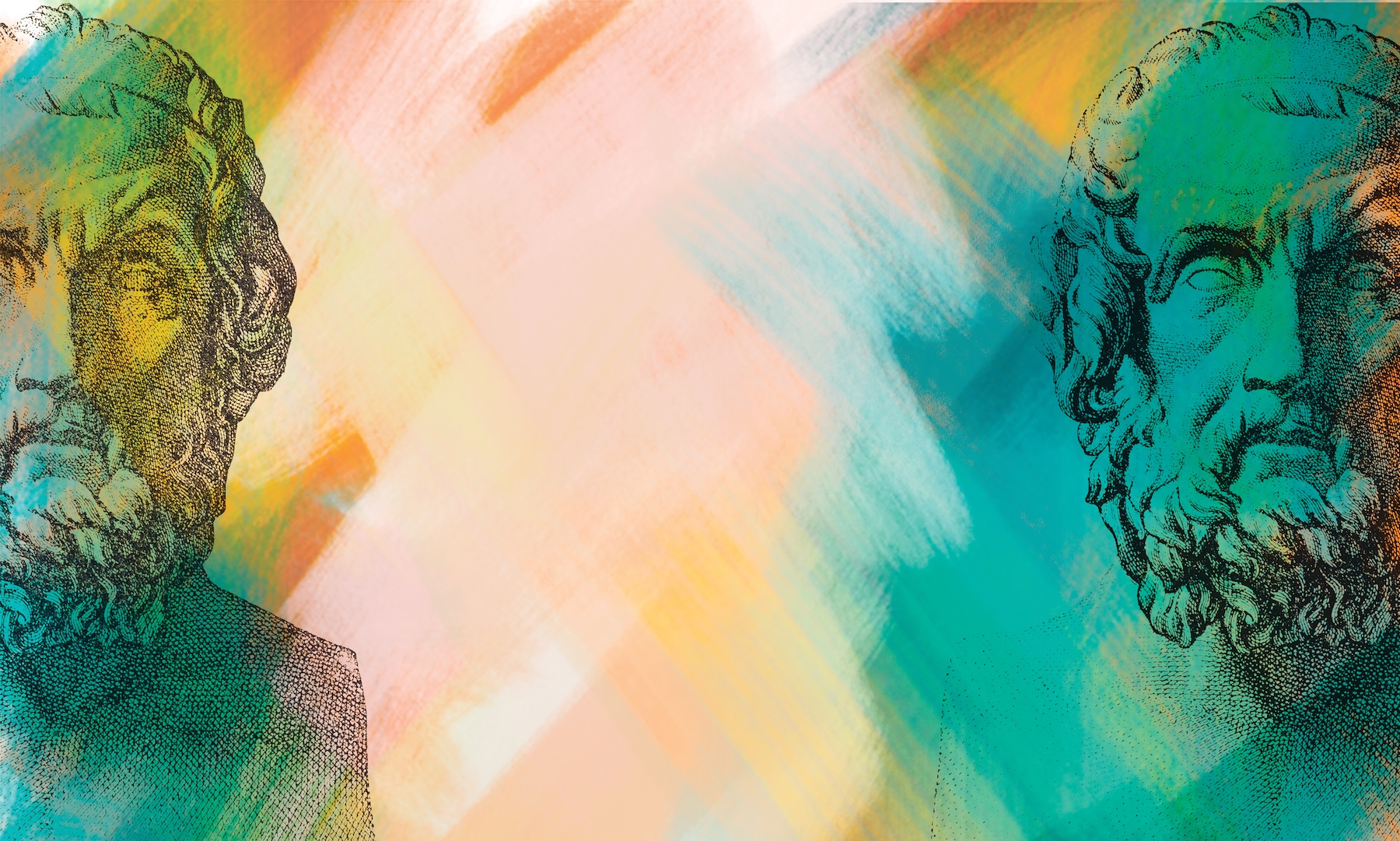 Illustration of two Greek statue faces at the left and righthand sides of the image. The middle of the image contains haphazard, colourful brush strokes.