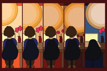 A five-panel illustration of a person sitting in front of a laptop at a desk, their back to the viewer. As the days of the week progress, the light dims and the vase of flowers in the corner of the desk starts to droop. In the fifth panel, the person is away from their desk and the flowers have sprung back to life.