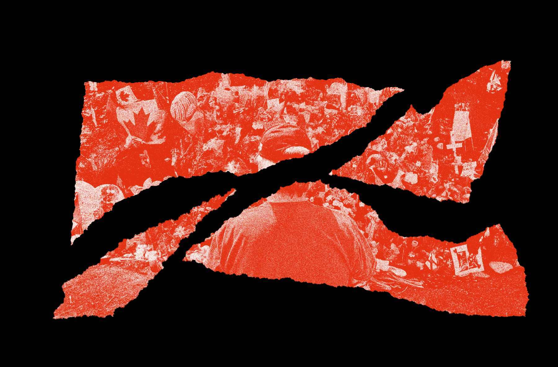 Image of a photo torn into four piece of a monochrome scene with the back of a man's head looking over a crowd against a black background.