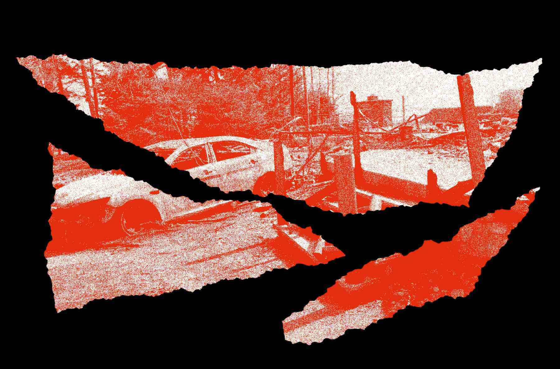 Torn, monochrome red photo of a car parked next to a fence on a black background.