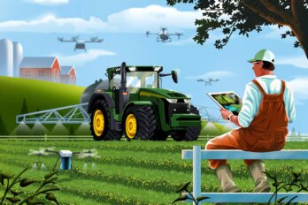 In an illustration, a farmer sitting on a fence looks at an iPad as a tractors and several drones fly over a field