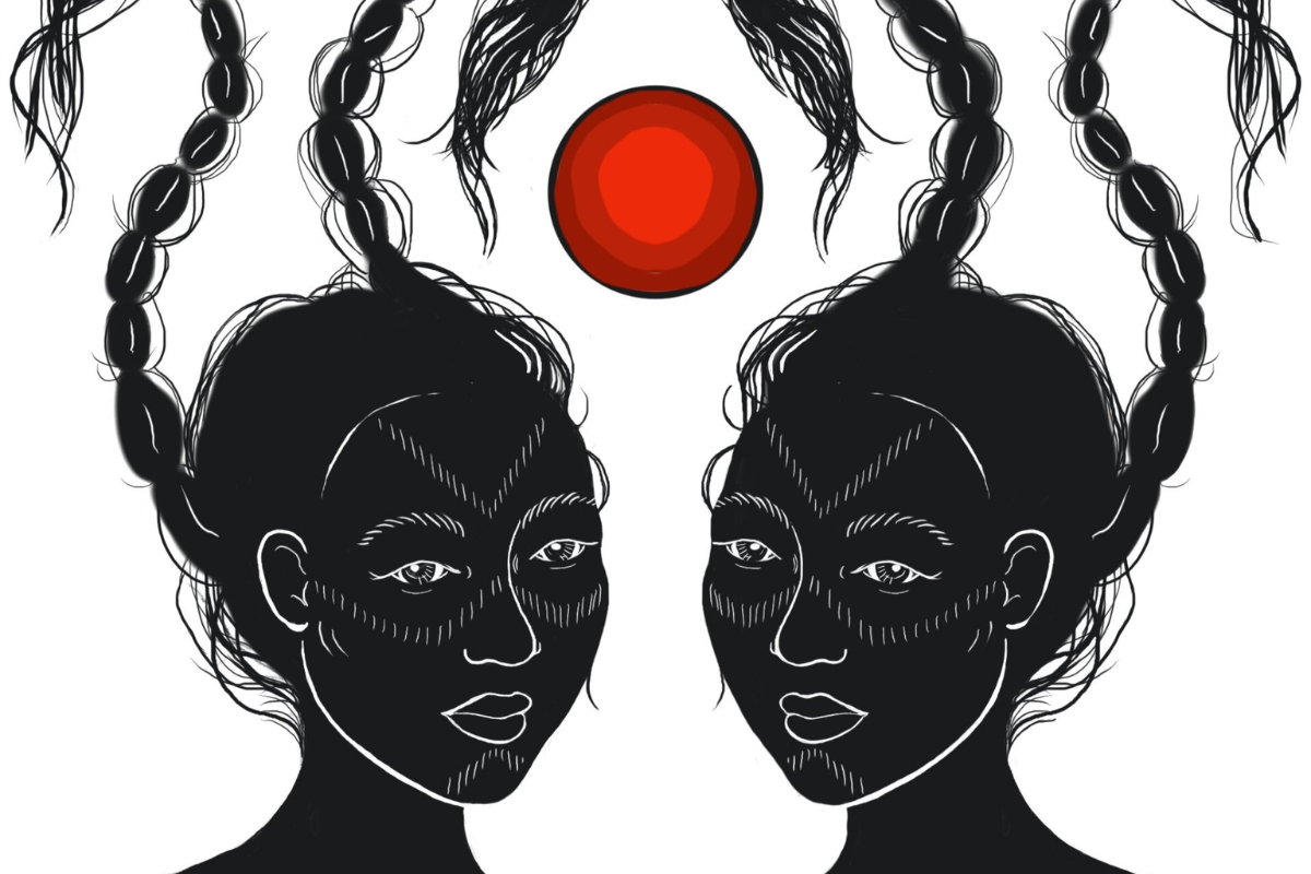 A black-and-white illustration of two Indigenous with long braids of hair that are intertwined above their heads. A blood red moon is between them.