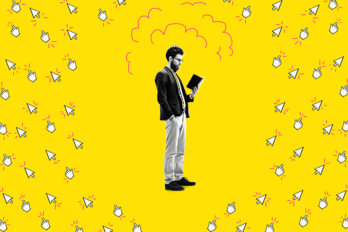 A black and white photo of a man looking down at an open book surrounded by illustrated mouse cursors pointing away on a bright yellow background.