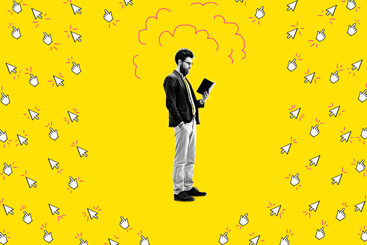 A black and white photo of a man looking down at an open book surrounded by illustrated mouse cursors pointing away on a bright yellow background.