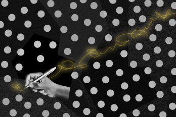 Black and white illustration of a hand holding a pen, drawing a golden squiggly line through a maze of grey dots. The background is black.