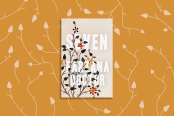 The cover of Farzana Doctor's book, Seven, against an orange background with a pattern resembling vines.