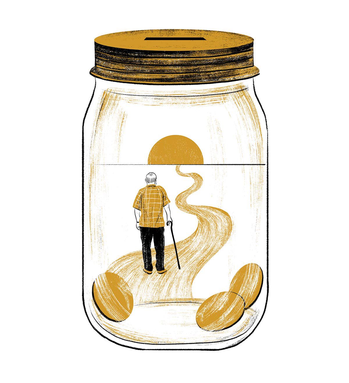 An illustration of an elderly man walking along a path towards a coin that looks like a sunset while inside a glass savings jar. 