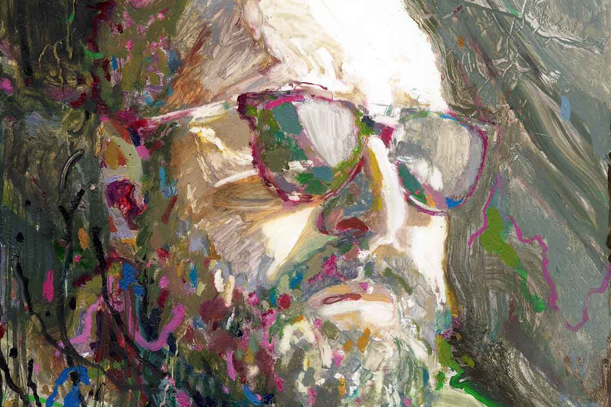 A moody oil portrait of a Michael Lista wearing sunglasses.