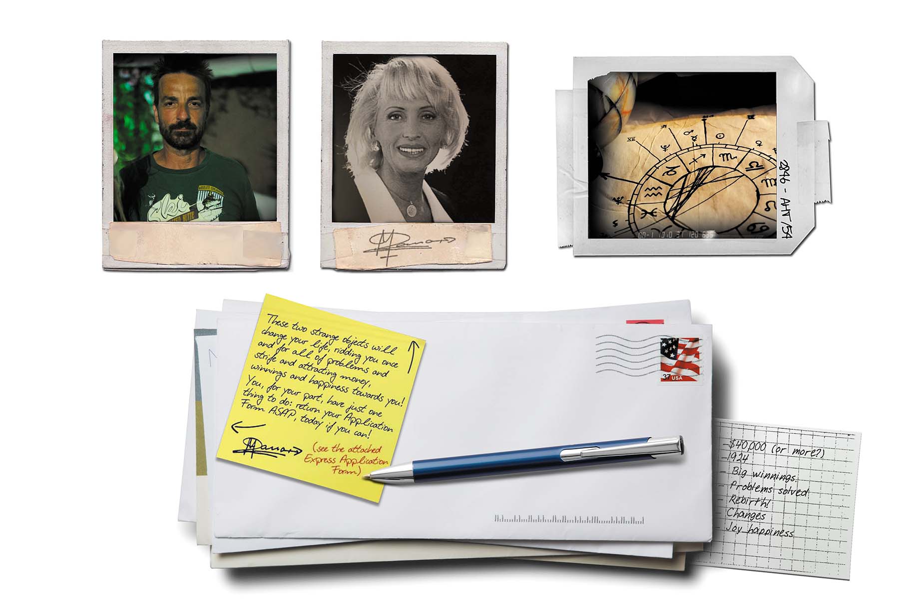 A photo illustration of a flat lay image consisting of a Polaroid picture of Patrice Runner, another Polaroid picture of Maria Duval, an image of an astrological birth chart, and stack of mail and handwritten notes.