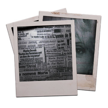A photo illustration of a stack of three Polaroid pictures. Two photos are visible: A photo of a collage of newspaper headlines, and a photo of Maria Duval.