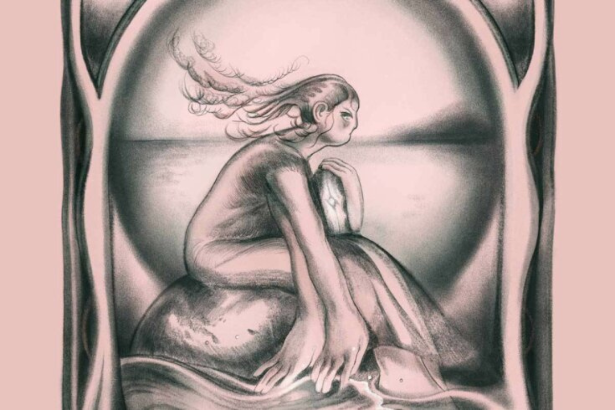 Black and white illustration of a female mermaid-like figure with a pink background. She is sitting on a stone with her feet and left hand dipped in the sea while her right hand holds a glowing box. Behind her is the outline of an orb through which the distant horizon is visible. A swirling border surrounds the scene with leering eyes drawn in the top corners, looking down at the figure.