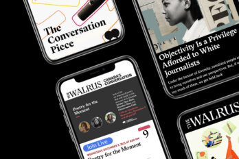 An image of several cell phones displaying content on their screens. On one screen, The Conversation Piece, a podcast from The Walrus, is being displayed. On the other screens, you can see the other nominations for this year's COPAwards.
