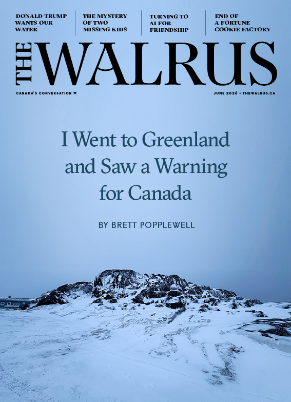 The June 2026 cover of The Walrus magazine, featuring a blue-tinted photo of frozen tundra. The text on the cover reads: ‘I Went to Greenland and Saw a Warning for Canada' by Brett Popplewell