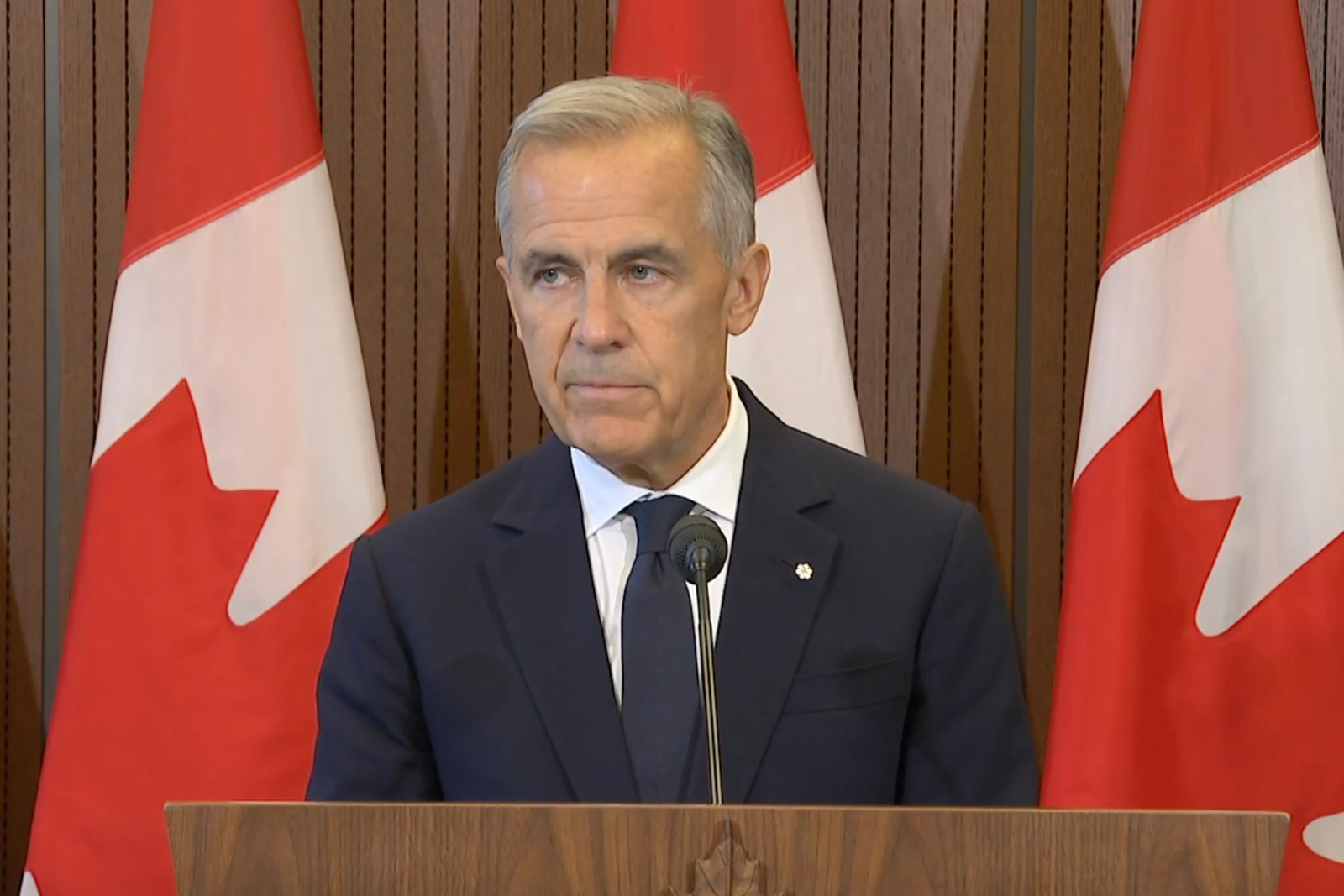 A photo of Prime Minister Mark Carney standing at a lectern, with the Canadian flag in the background A photo of Prime Minister Mark Carney standing at a lectern, with the Canadian flag in the background