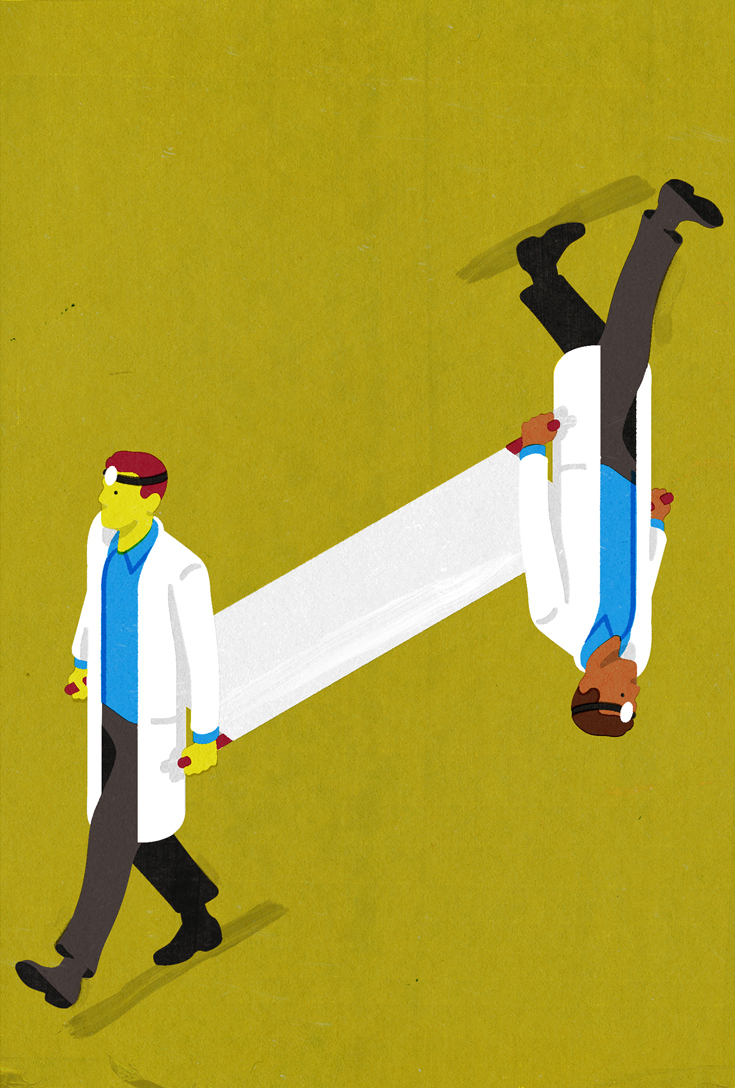 Illustration of two white-coated doctors holding a gurney between them and walking in opposite directions. One of the doctors is upside down.