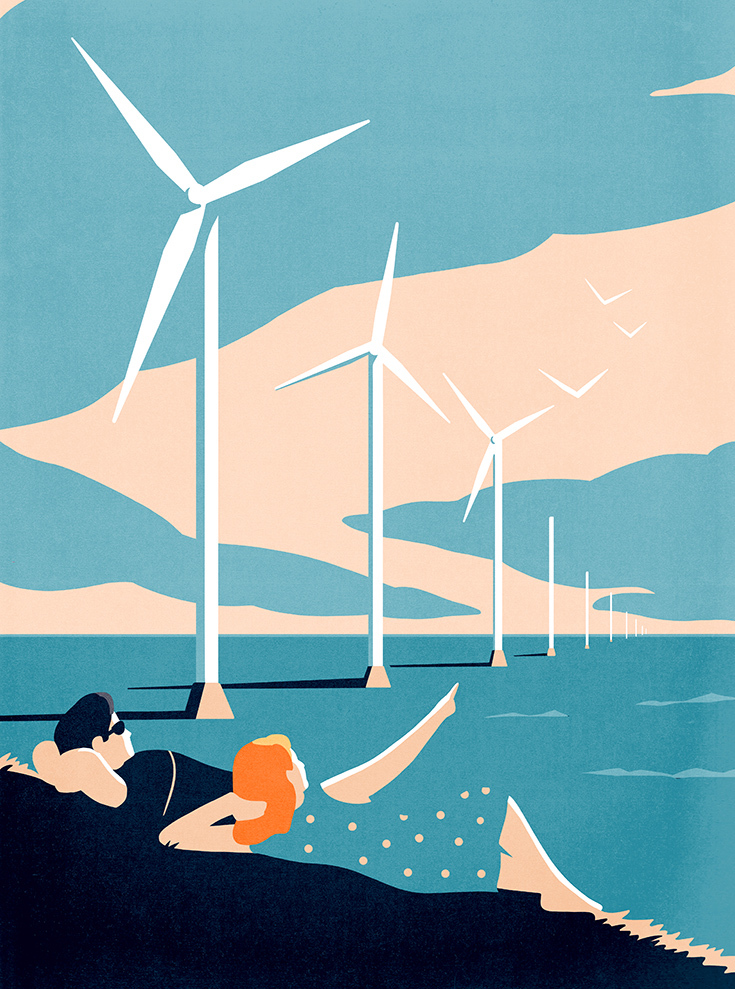 Two people sit on a beach admiring wind mills 