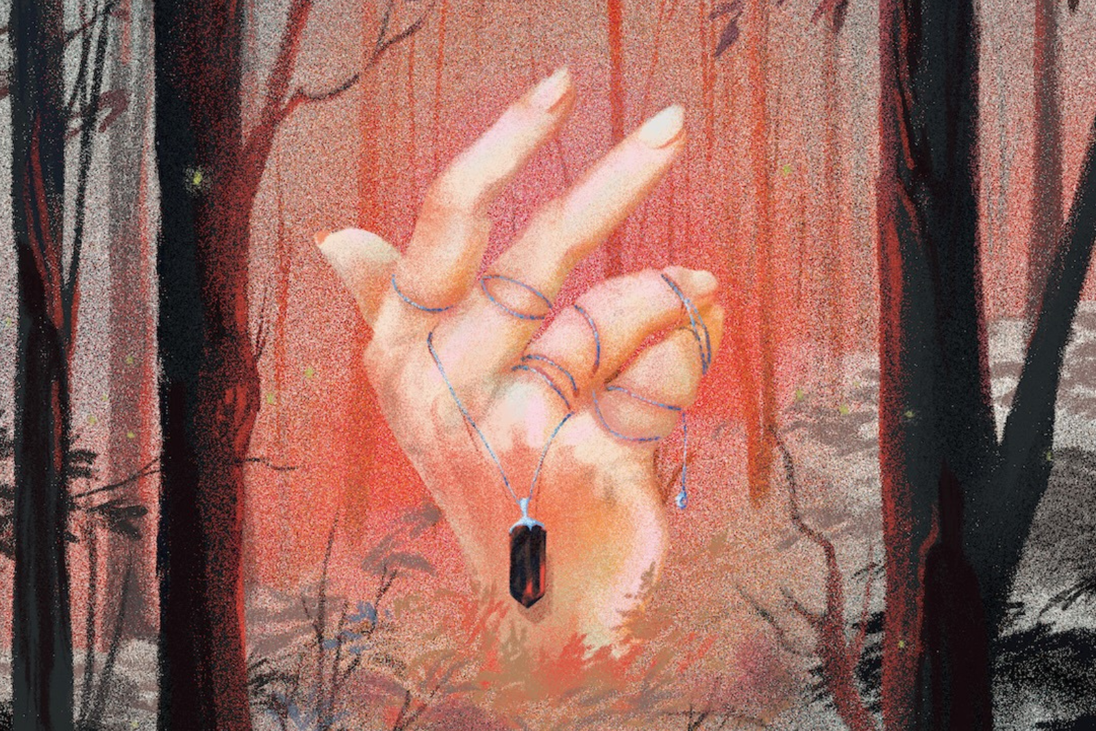 Illustration of a hand rising out of a forest drawn with muted, dark colours. The hand holds a red gem pendant and faintly glows red.