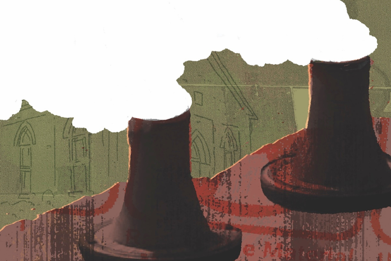 an illustration
of two dark cooling towers rising from a red industrial landscape, with large plumes of white steam filling the sky. A muted green cityscape and power lines appear in the background.