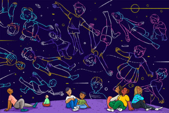 An illustration of parents and kids looking up at outlines of people floating in the sky with different pride flag colours.