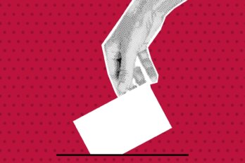 Photo illustration shows a white hand casting a ballot against a red background
