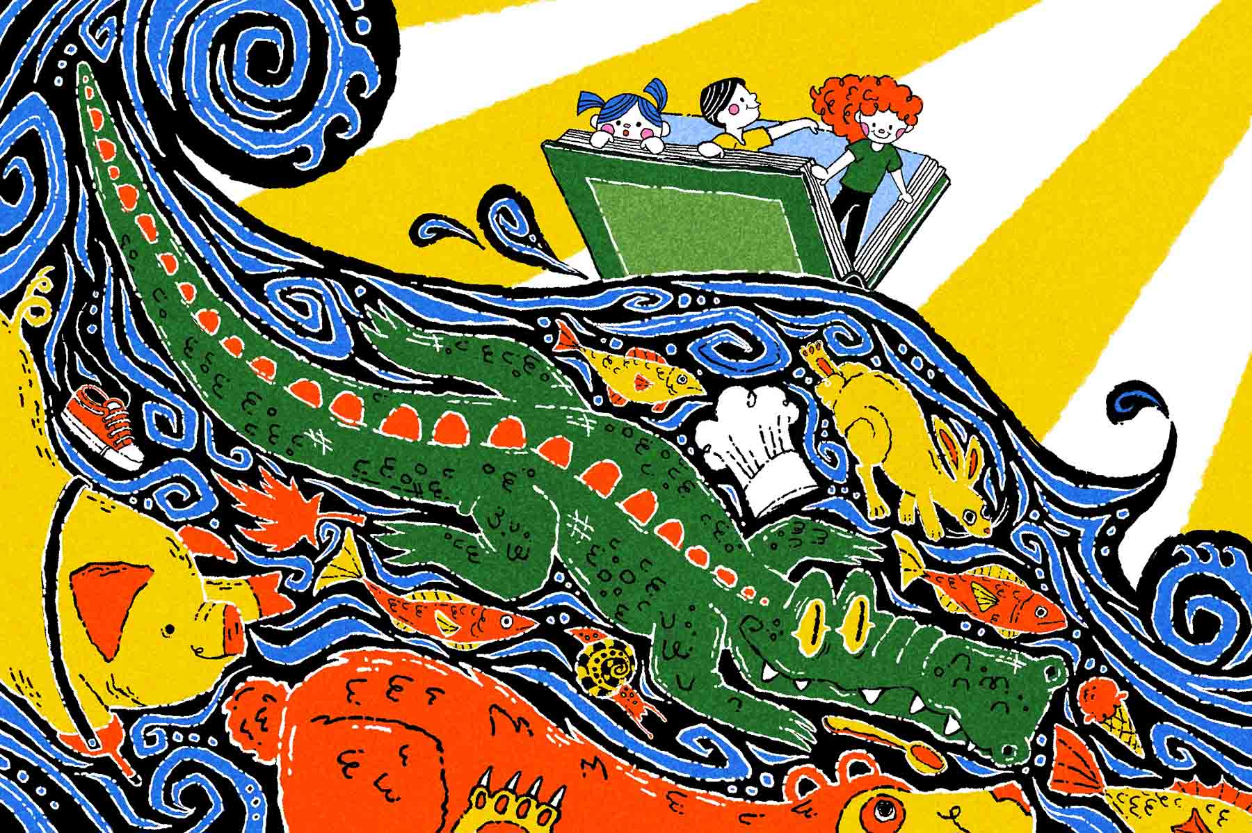 Three kids use a large book as a boat and ride a wave featuring an alligator, rabbit, pig, as well as a chef's hat in a vivid swirl of blue, orange, green and yellow.