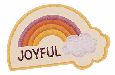 A rainbow patch that reads JOYFUL