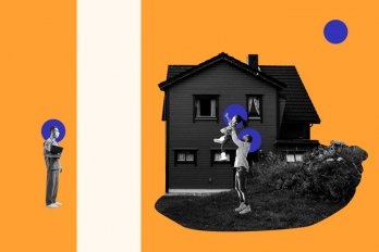 Illustration of a doctor watching a house with a parent and child playing in the yard. A blank space separates the doctor from the house. The background is bright orange.