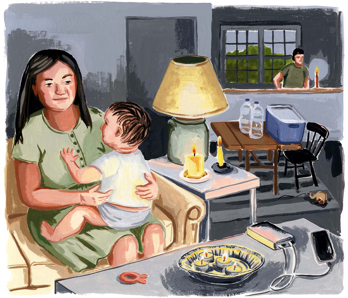 A gouache painting of a family in a candlelit living room during a power outage. A mother holds a baby in her lap while another person stands behind a counter. Phones charging from a power bank, baby toys, and water jugs are scattered across the room.