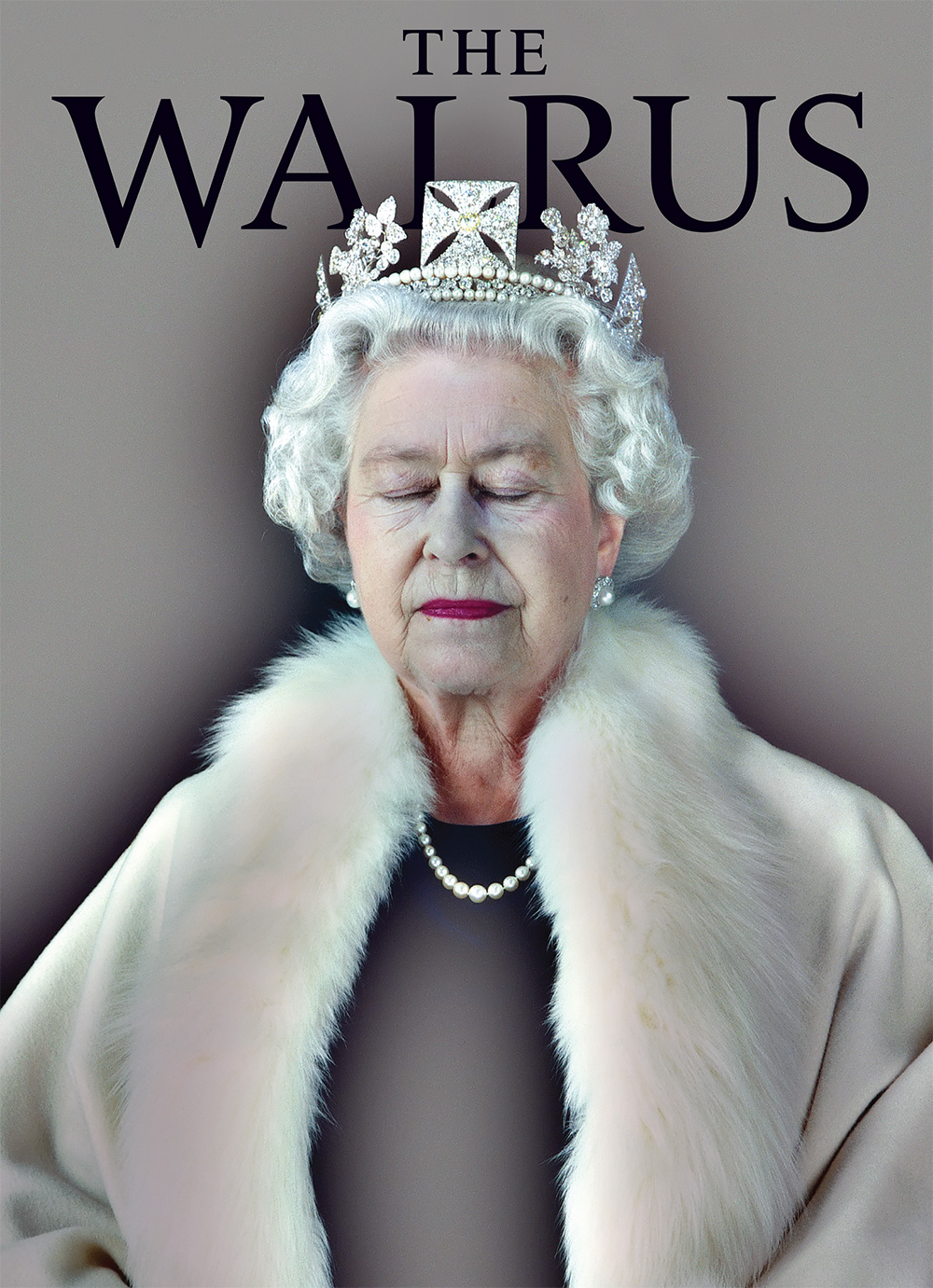 Cover of The Walrus magazine featuring a photo of Queen Elizabeth II with her eyes closed. She is wearing a crown and a coat with a large fur collar in front of a plain grey background. The Walrus wordmark is in black at the top.