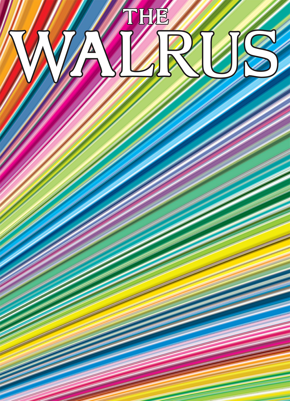 Cover of The Walrus magazine featuring bright, multicoloured stripes positioned diagonally across the frame. The Walrus wordmark is in white at the top.