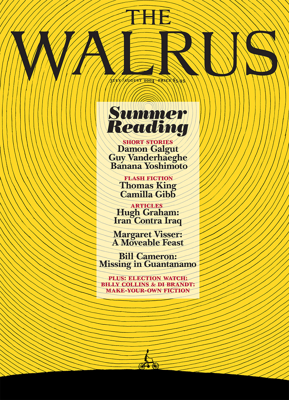 Cover of The Walrus magazine featuring a line drawing of a small bike-riding figure at the bottom with circular radiating black lines indicating a sun on top of a yellow background. The Walrus wordmark is in black at the top and the main headline reads 'Summer Reading.'