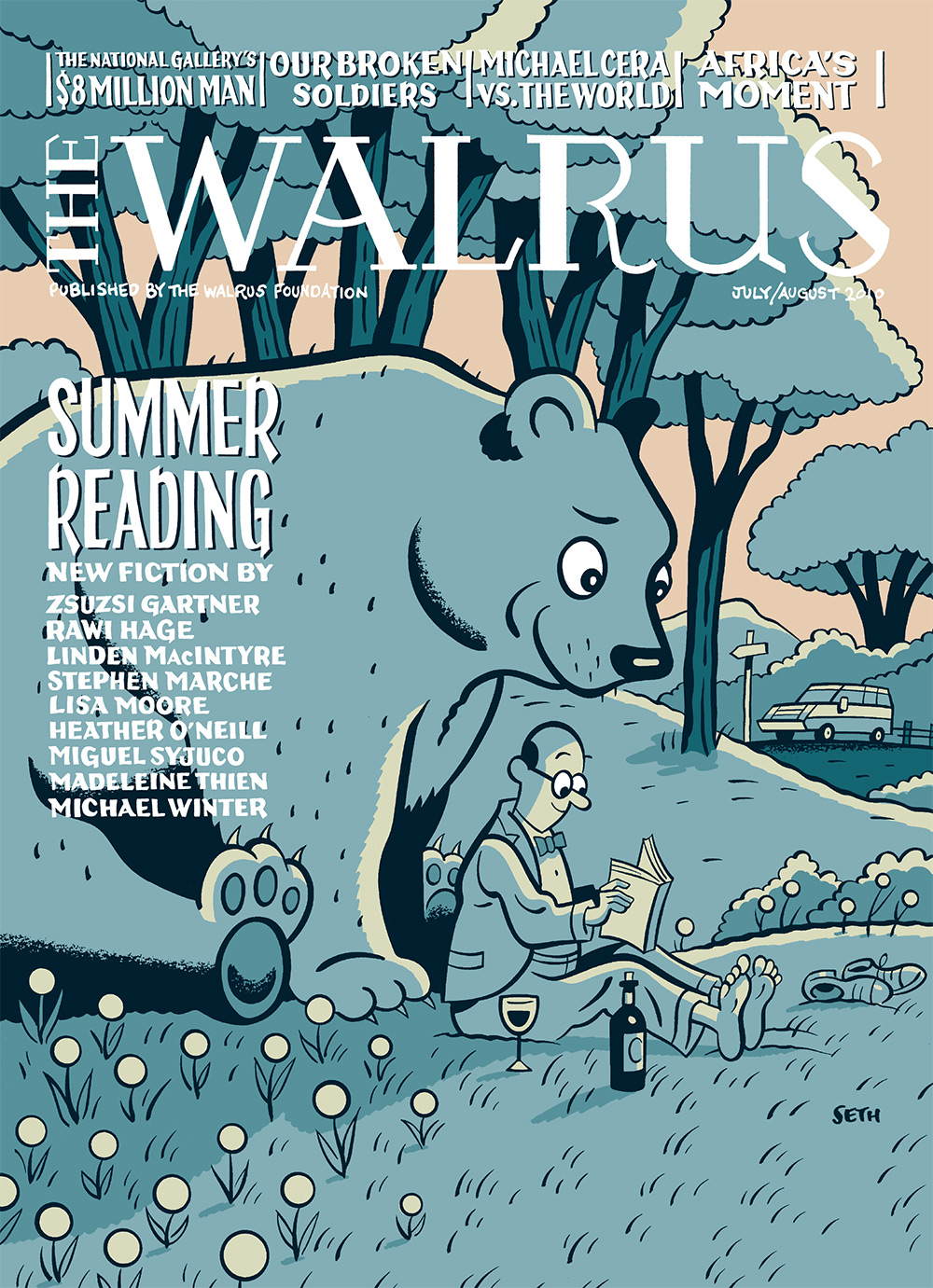 Cover of The Walrus magazine featuring an illustration of a park and a large cartoon bear looking over the shoulder of a sophisticated man reading a book. The Walrus wordmark is hand drawn in white at the top and the main headline reads 'Summer Reading.'