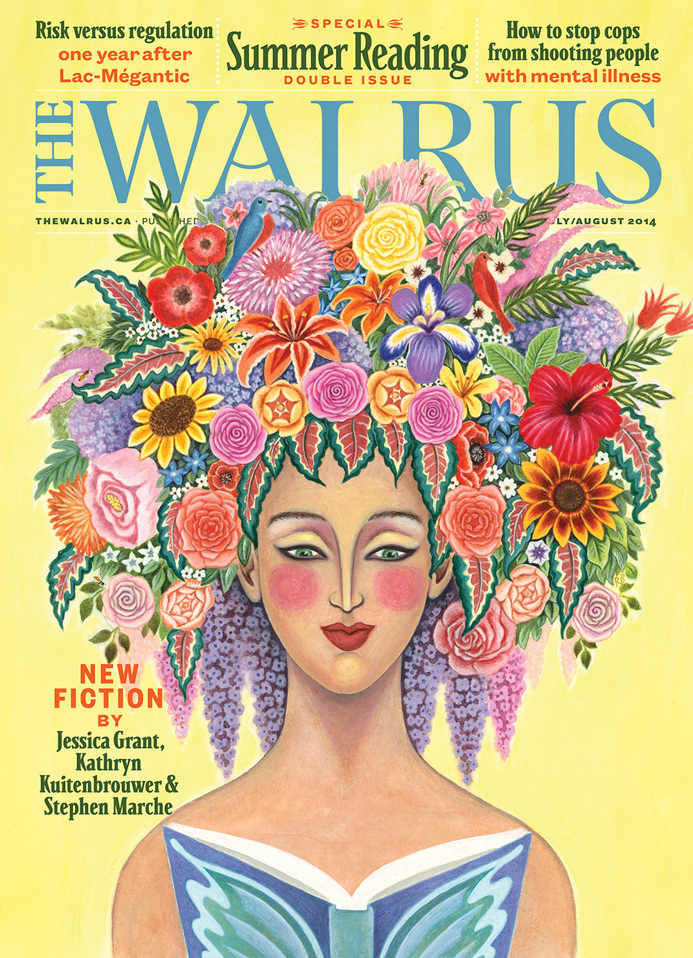 Cover of The Walrus magazine featuring a woman with a colourful bouquet of flowers as hair reading a book in front of a yellow background. The Walrus wordmark is in blue at the top and the main headline reads 'Summer Reading.'