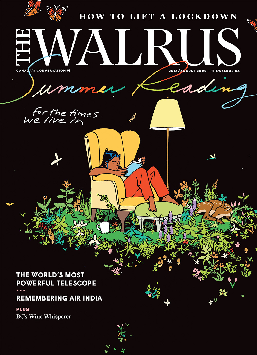 Cover of The Walrus magazine featuring a seated woman reading a book, wildflowers on the ground surrounding her chair, in front of a blank black background. The Walrus wordmark is in white at the top and the main headline reads 'Summer Reading.'